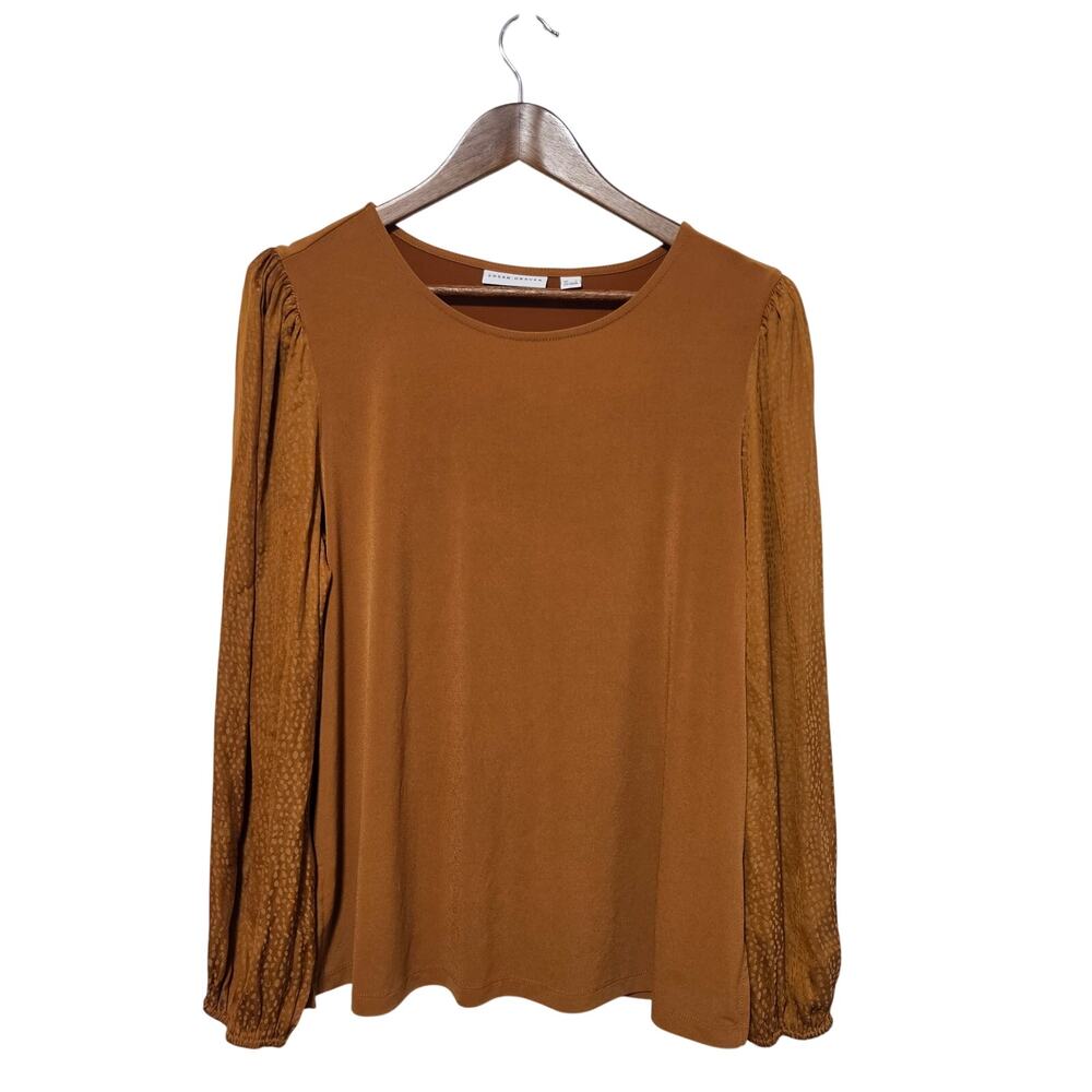 Susan Graver Liquid Knit Blouse Women's Size L Brown Spreckled Sleeves Romantic - Picture 2 of 8